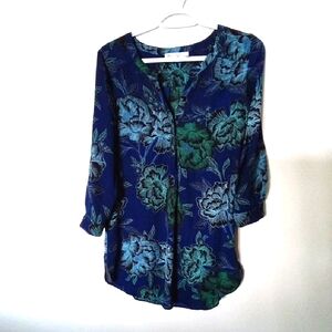 Revolution Women's Dark Blue With Graphic Floral V-Neckline Tunic Blouse